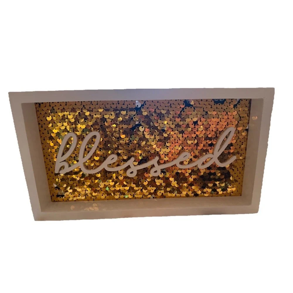 Blessed Sequin Sign Shelf Sitter Home Decor Gold White